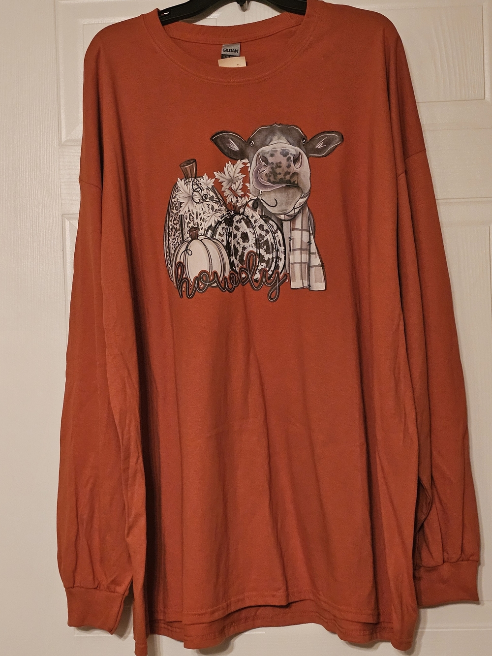 Gildan Long Sleeve Tee in Rust Orange with Cow & Pumpkin Artwork
